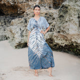 Suzie Blue Canada Tie Dye Lapis Ombre Maxi Dress in cream & grey, 100% rayon, handmade in Bali.