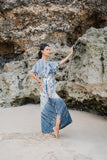 Suzie Blue Canada Tie Dye Lapis Ombre Maxi Dress in cream and grey, 100% rayon, handmade in Bali.