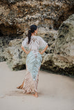 Suzie Blue Canada mint and brown tie-dye ombre maxi dress made of 100% rayon, featuring a flowing silhouette and side slit.