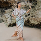 Suzie Blue Canada Tie Dye Lapis Ombre Maxi Dress in mint and brown, 100% rayon, with a flattering V-neck and flowy silhouette.