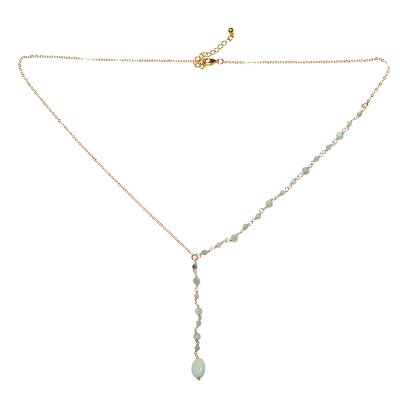 Amazonite & Glass Bead Delicate Drop Necklace In Gold Plate