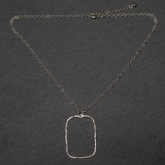 Hammered Rectangular Pendant On Simple Chain - Silver Plate