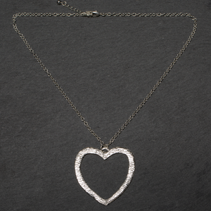 Textured Heart Shaped Pendant On Simple Chain - Silver Plate