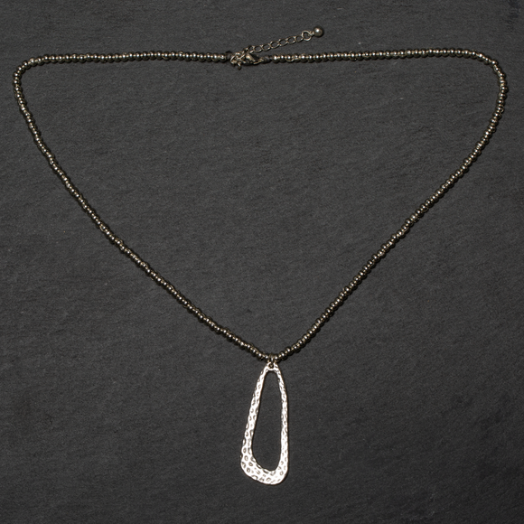 Hammered Oval Pendant On Ball Chain - Silver Plate