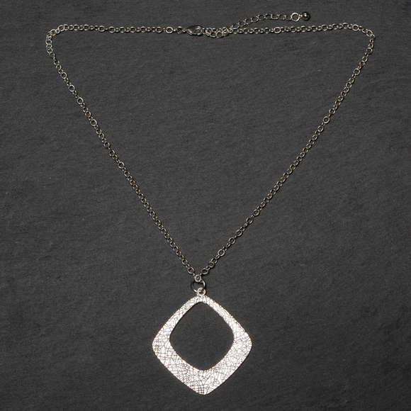 Textured Diamond Shaped Pendant On Simple Chain - Silver Plate