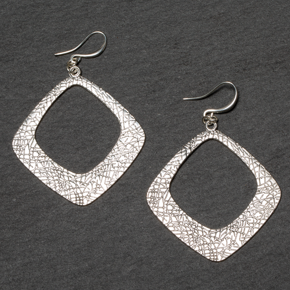 Textured Diamond Shaped Earrings - Silver Plate