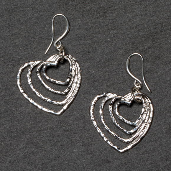 Stacked Heart Earrings - Silver Plate
