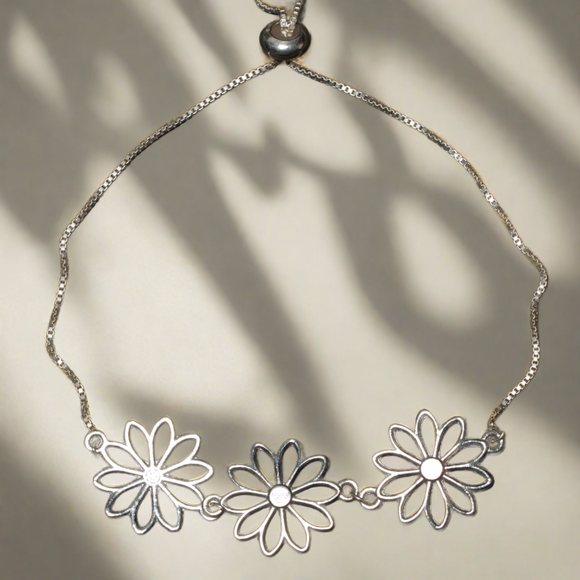 Adjustable Triple Flower Bracelet In Silver Plate