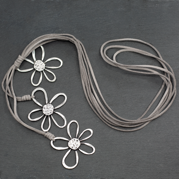 Silver Plate Triple Flower Necklace on Suede