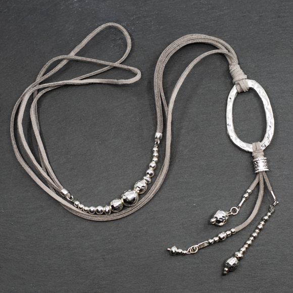 Silver Plate Oval Pendant Necklace On Suede