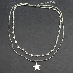 Silver Plate Double Strand Star Charm Necklace