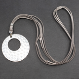 Silver Plate Suede Necklace With Beaten Disc Pendant