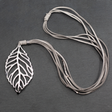 Suede Necklace With Leaf Pendant In Silver Plate