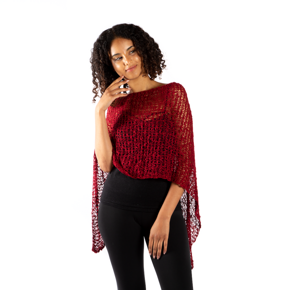 Short Popcorn Knit Poncho - Red