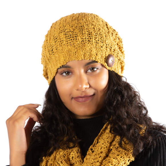 Mustard Popcorn Knit Hat With Button - AF6203