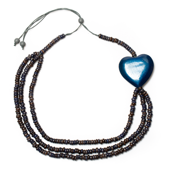 Triple Strand Coconut Bead & Wooden Heart Necklace