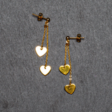 Double Drop Heart Chain Stud Earring In Gold Plate