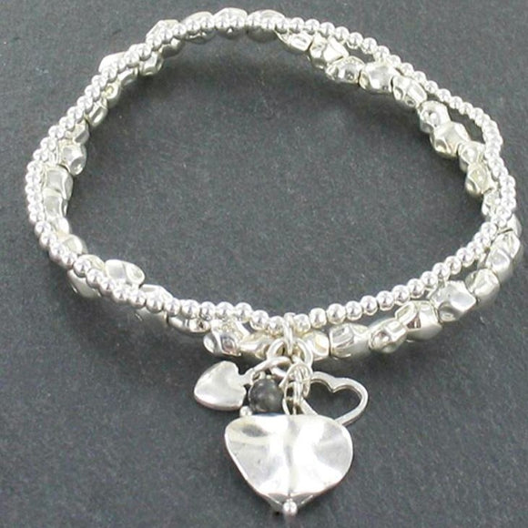 Double Strand Bracelet With Heart Charms In Silver Plate - Flamingo Boutique