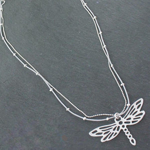 Double Strand Necklace With Dragonfly Pendant In Silver Plate - Flamingo Boutique