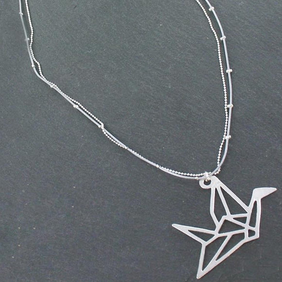 Double Strand Necklace With Origami Bird Pendant In Silver Plate - Flamingo Boutique