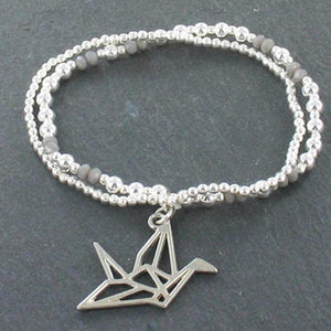 Double Strand Bracelet With Origami Bird Pendant In Silver Plate - Flamingo Boutique