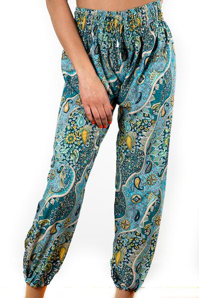 Turquoise & Gold Print Bali Pants - Flamingo Boutique