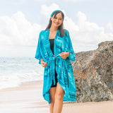 Abstract Tie Dye Mid Length Kimono - Turquoise