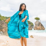 Abstract Tie Dye Mid Length Kimono - Turquoise