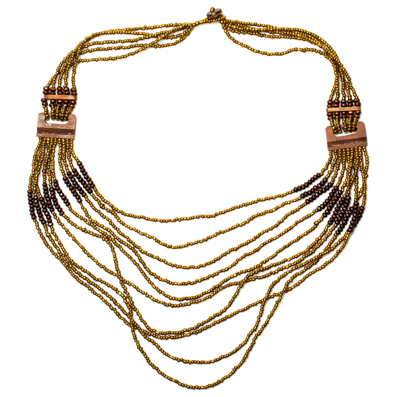 Long Multi Strand Necklace With Wood Detail