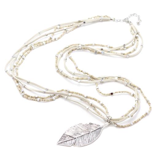 Suede & Beaded Necklace with Leaf Pendant - Flamingo Boutique