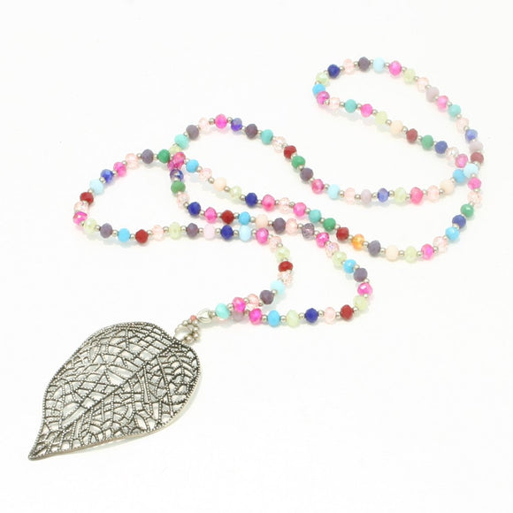 Crystal Bead Necklace With Filigree Leaf