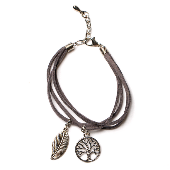 Suede Bracelet With Tree & Leaf Charms