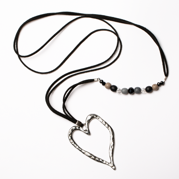 Long Open Heart Necklace with Offset Beads