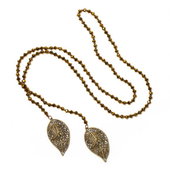 Long Double Leaf Crystal Necklace