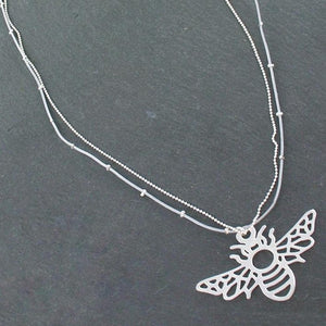 Double Stranded Necklace With Bee Pendant in Silver Plate