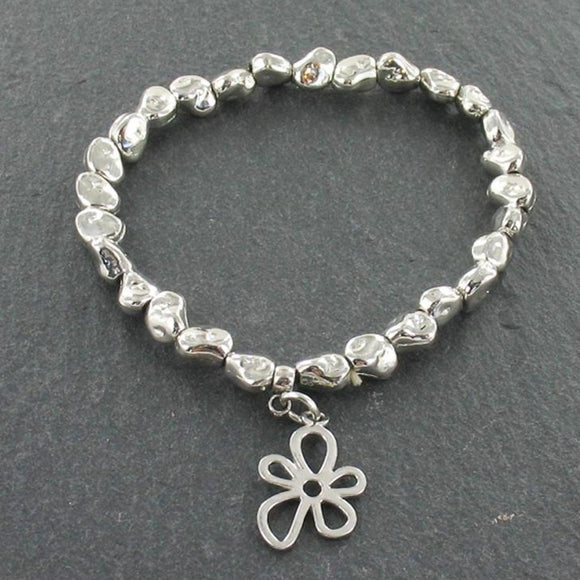 Flower Charm Nugget Bracelet in Silver Plate