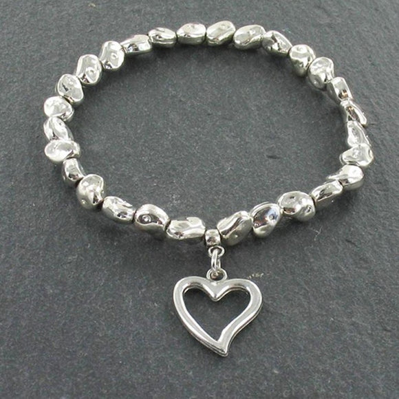 Heart Charm Nugget Bracelet in Silver Plate
