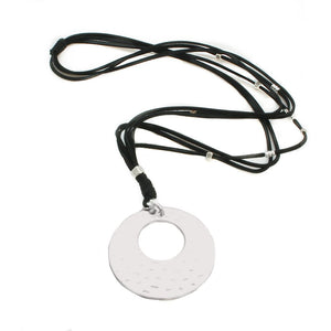 Silver Plate Suede Necklace With Beaten Disc Pendant