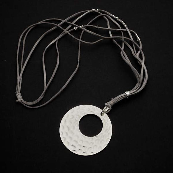 Silver Plate Suede Necklace With Beaten Disc Pendant