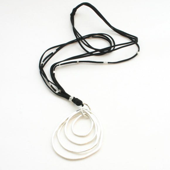Suede Necklace With 4-Ring Pendant In Silver Plate
