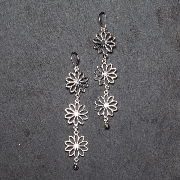 Triple Flower Drop Earrings In Silver Plate