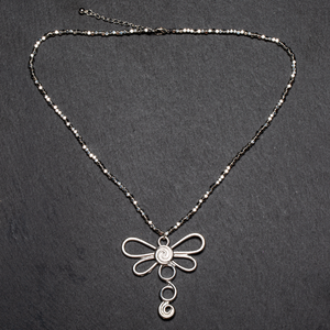 Dragonfly Necklace On Cube. Chain In Silver Plate