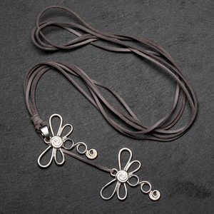 Double Dragonfly Necklace On Suede In Silver Plate