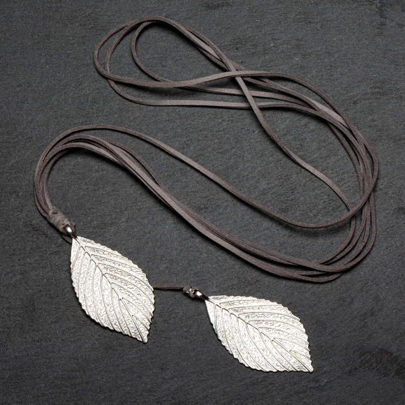 Double Leaf Necklace On Suede In Silver Plate