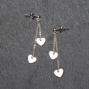 Double Drop Heart Chain Stud Earrings In Silver Plate - SP406H