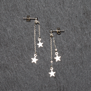 Double Drop Star Chain Stud Earrings In Silver Plate - SP406S