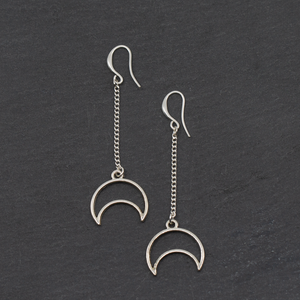 Long Drop Moon Earrings In Silver Plate