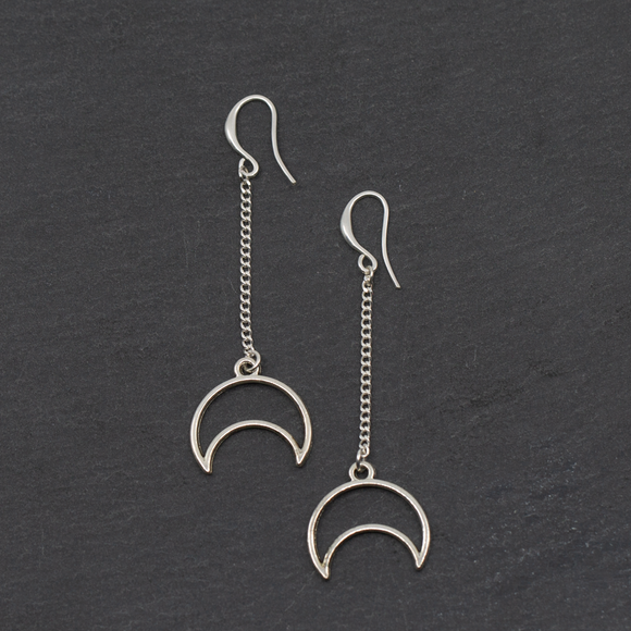 Long Drop Moon Earrings In Silver Plate