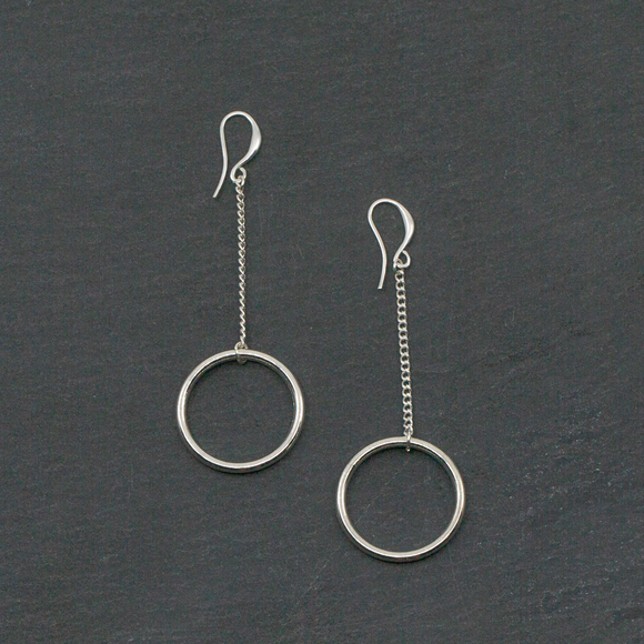 Long Drop Ring Earrings In Silver Plate